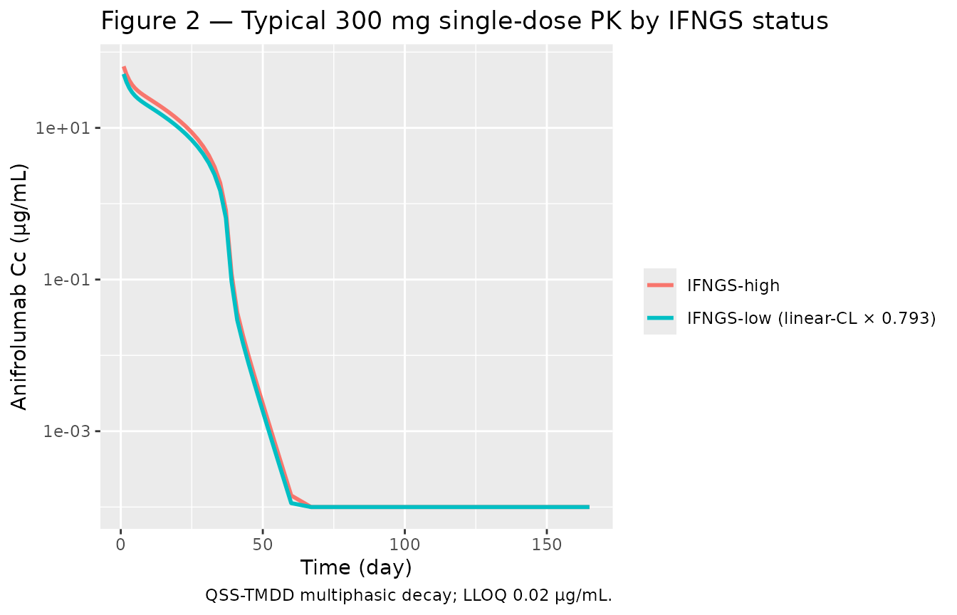 Replicates Figure 2 of Almquist 2022: typical-value 300 mg single-IV-dose PK shape (no IIV). The IFNGS-low typical subject shows the same multiphasic decay scaled by the linear-CL factor 0.793.