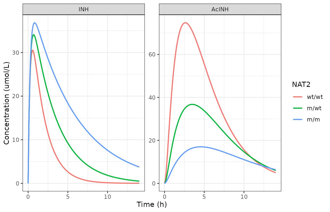 Typical-value INH and AcINH concentration-time profiles by NAT2 genotype class