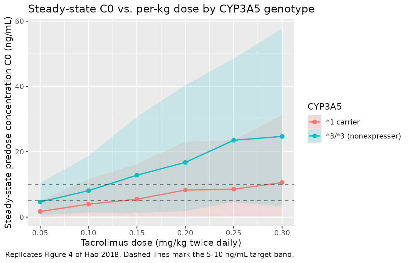 Replicates Figure 4 of Hao 2018: simulated median steady-state predose concentration (C0) vs. tacrolimus per-kilogram dose for each CYP3A5 stratum. The 5-10 ng/mL target band is the paper's recommended trough window.