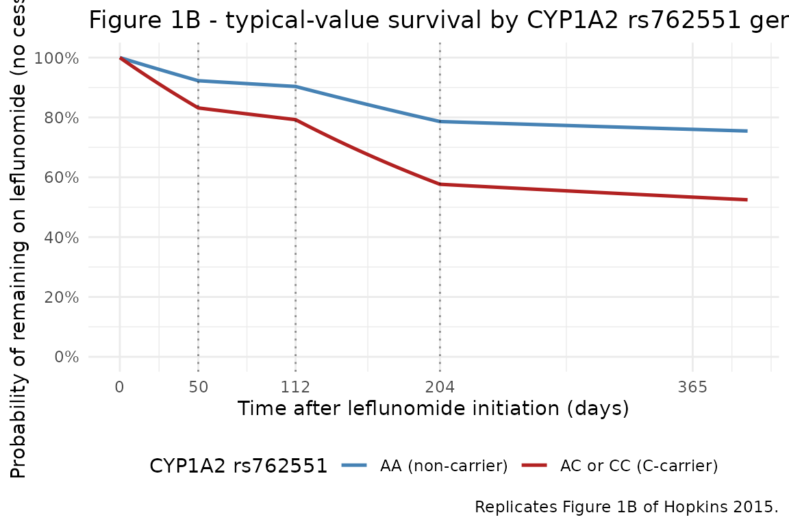 Replicates Figure 1B of Hopkins 2015 (typical-value survival, stratified by CYP1A2 C163A genotype).