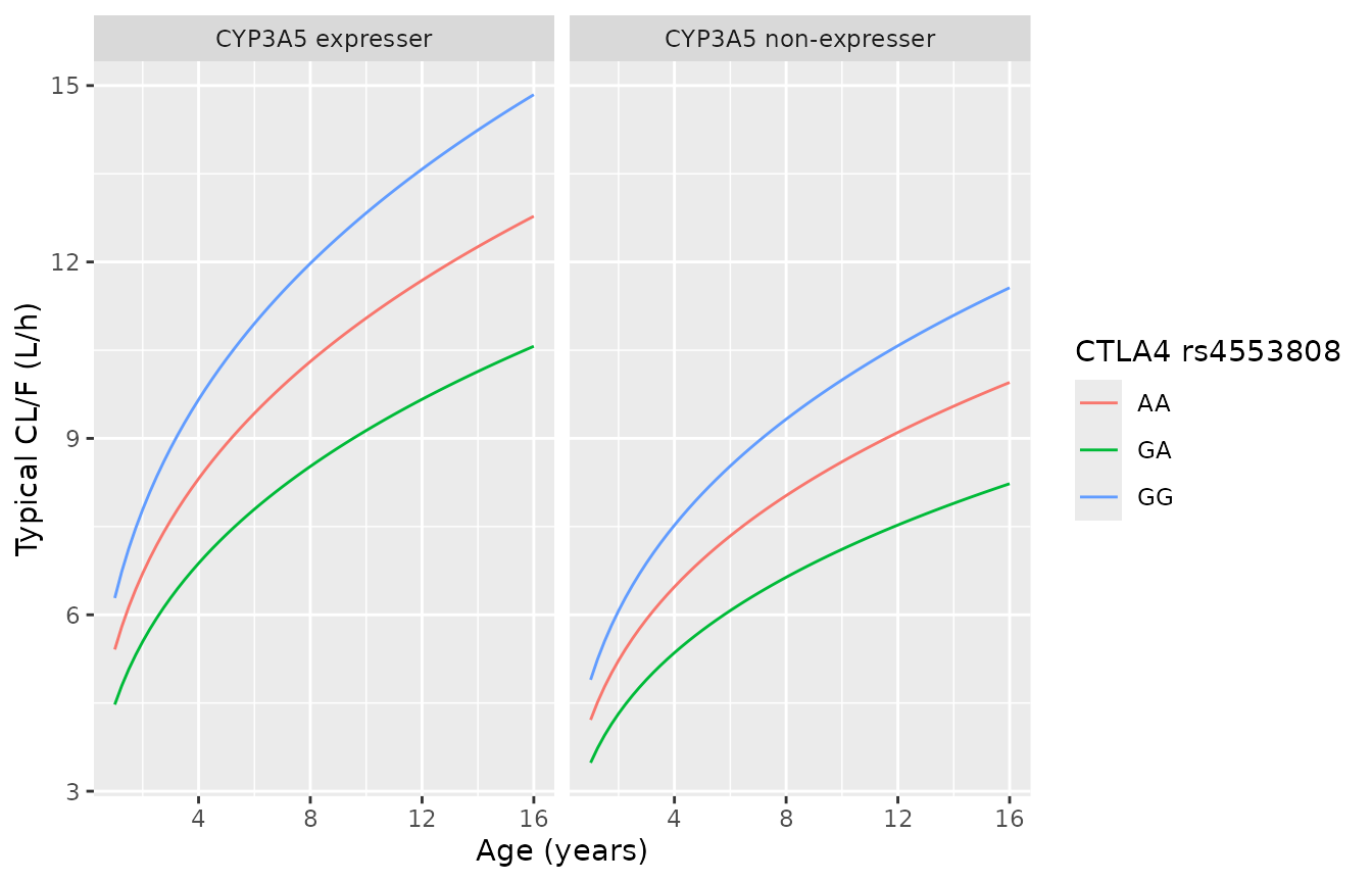 Typical CL/F against age for each CTLA4 genotype and CYP3A5 status, without Wuzhi capsule (Eq. 2).