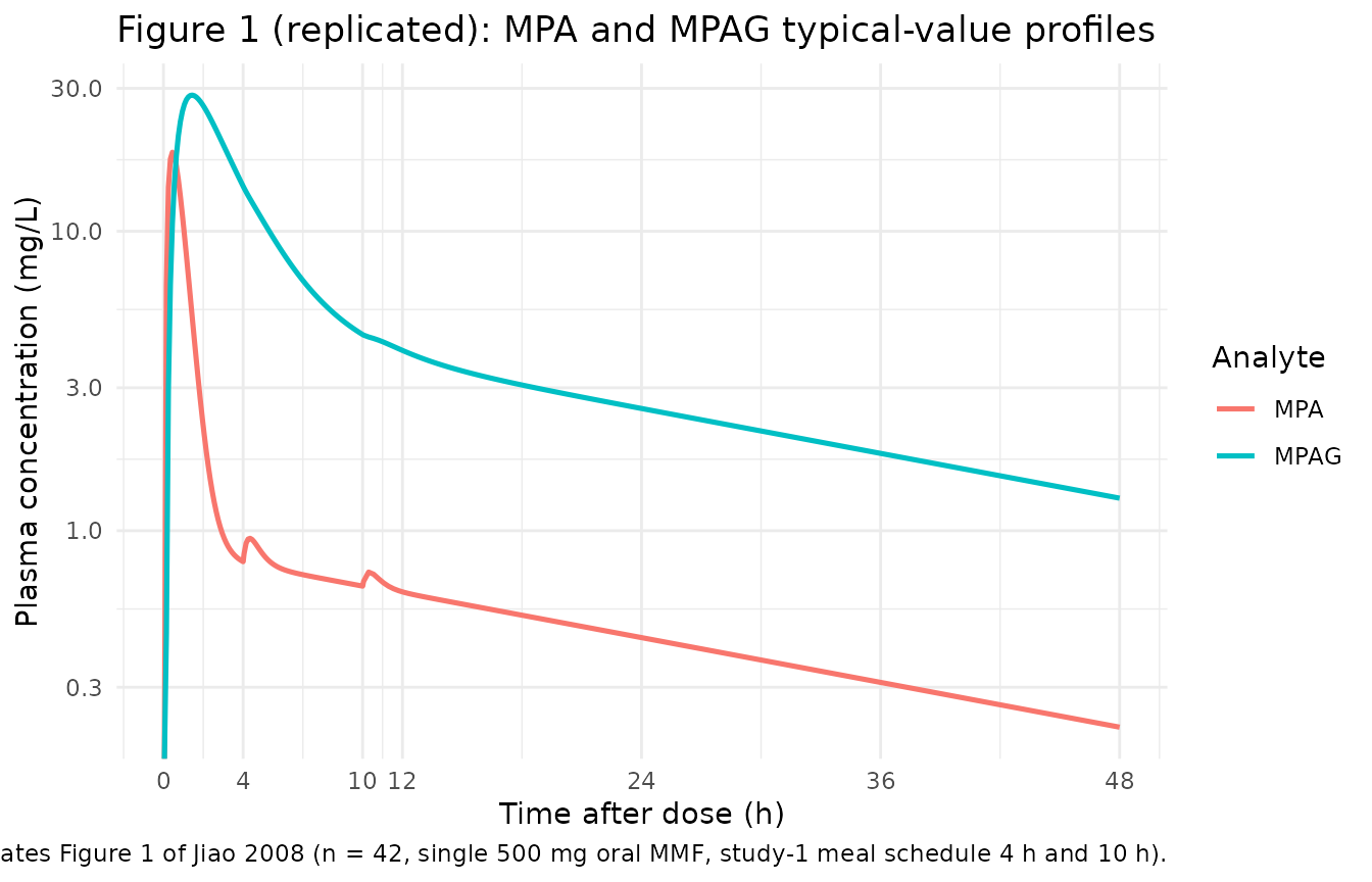 Replicates Figure 1 of Jiao 2008: typical-value MPA and MPAG plasma profiles after a single 500 mg oral MMF dose. Note the EHC-driven second / third peaks around the 4 h and 10 h post-prandial gallbladder emptying events.