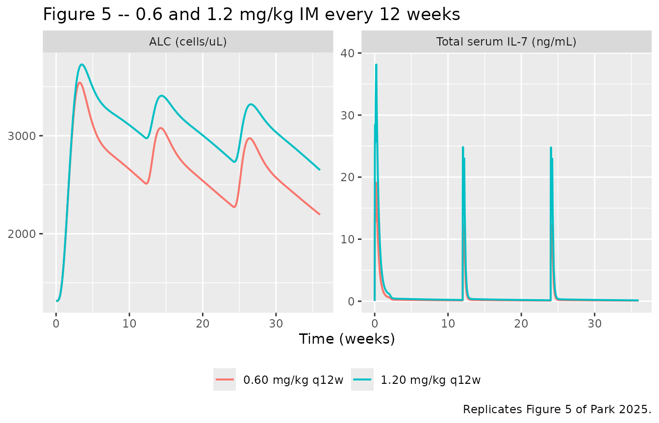 Replicates Figure 5 of Park 2025: simulated serum concentration and ALC over time after repeated intramuscular rhIL-7-hyFc every 12 weeks.
