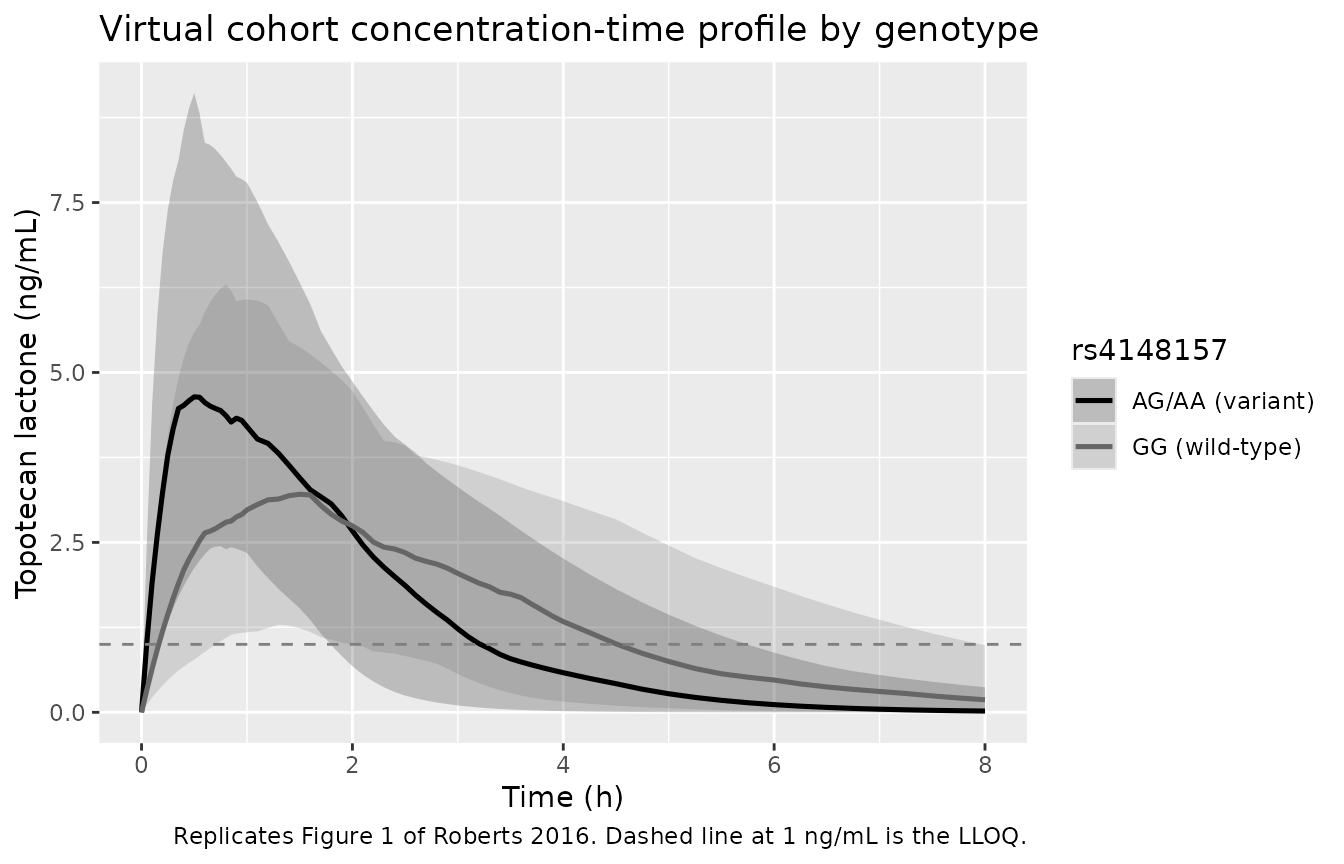 Replicates Figure 1 of Roberts 2016 with between-subject variability: median (solid) and 5th-95th percentile band per genotype across the simulated cohort.