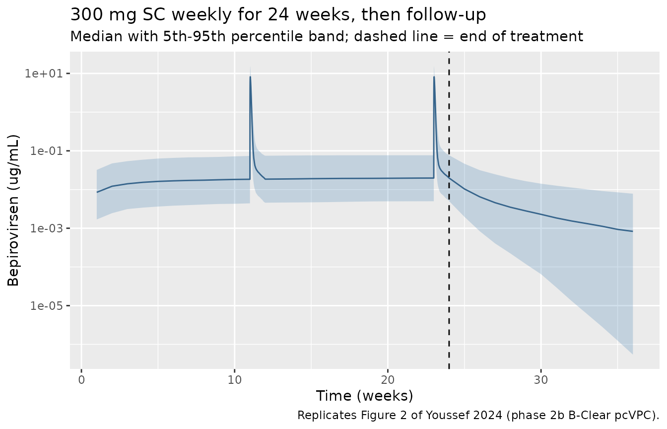 Replicates Figure 2 of Youssef 2024: simulated concentration-time profile for bepirovirsen 300 mg SC weekly for 24 weeks in participants with chronic HBV infection, followed by 12 weeks off treatment.