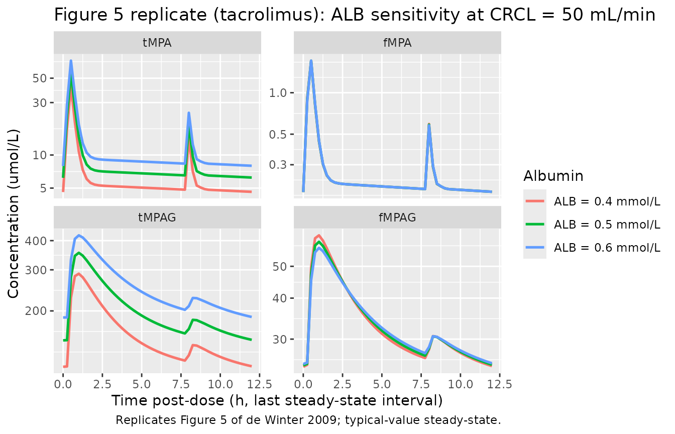 Replicates Figure 5 of de Winter 2009 (tacrolimus arm): tMPA, fMPA, tMPAG, fMPAG steady-state profiles at three plasma albumin concentrations. Note the strong ALB dependence on tMPA and the near-zero dependence on fMPA.