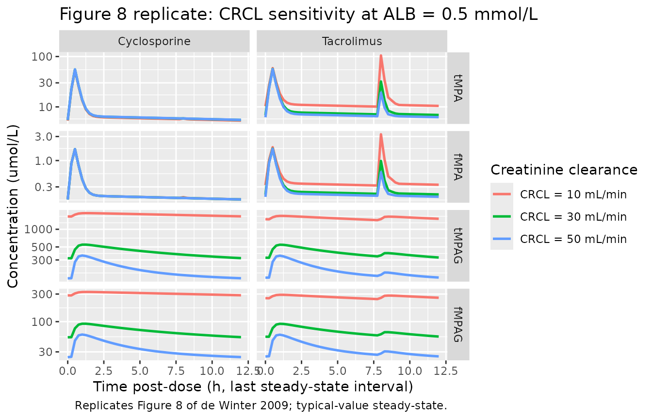 Replicates Figure 8 of de Winter 2009: tMPA / fMPA / tMPAG / fMPAG steady-state profiles at three CRCL values (10, 30, 50 mL/min), separately for the cyclosporine and tacrolimus arms.